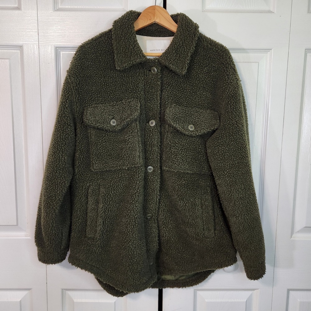 American Eagle Olive Green Sherpa Shacket Teddy Fleece Jacket Medium Gorpcore